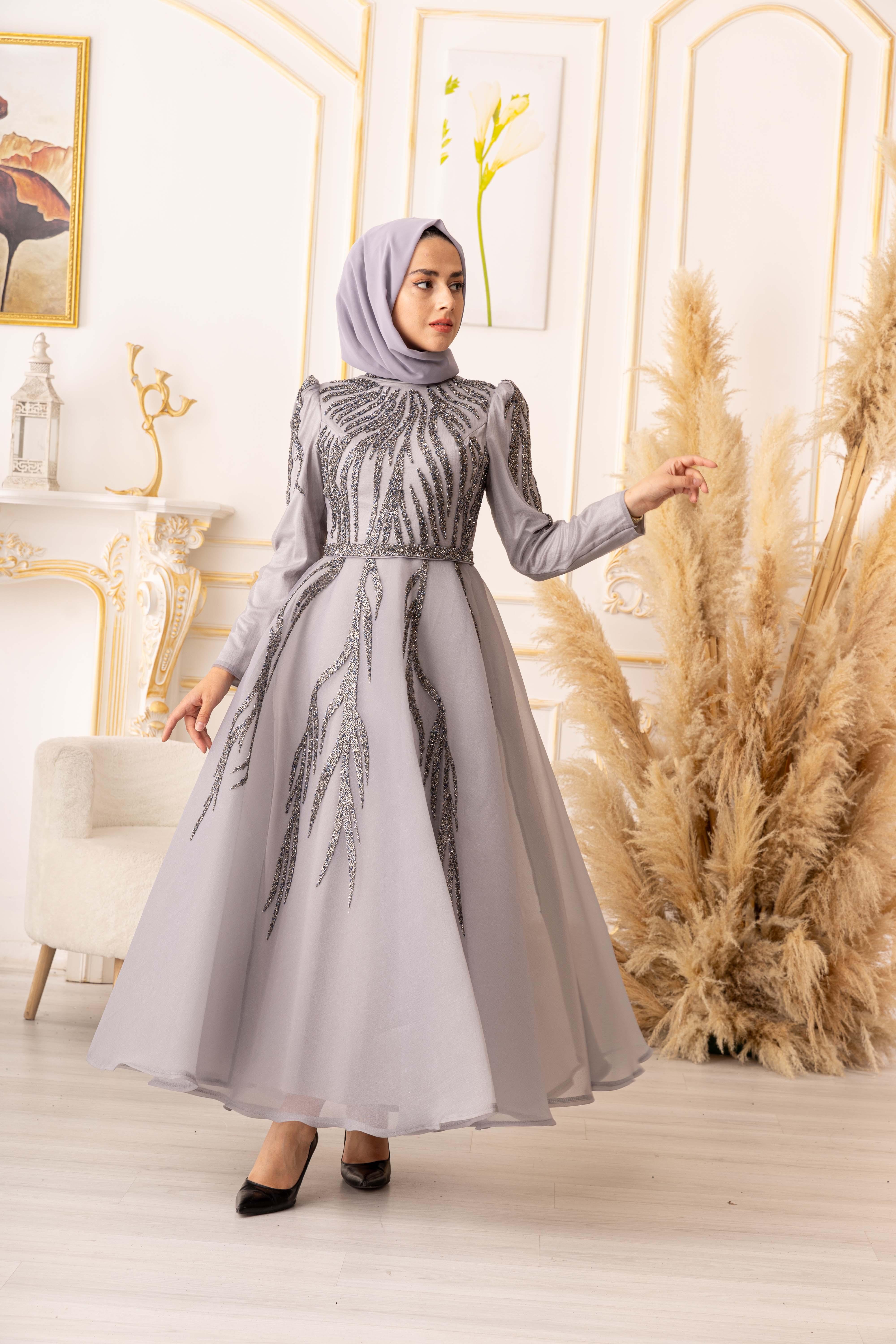 KABARIK ETEKLİ TAŞ İŞLEMELİ TESETTÜR ABİYE  (K18320)