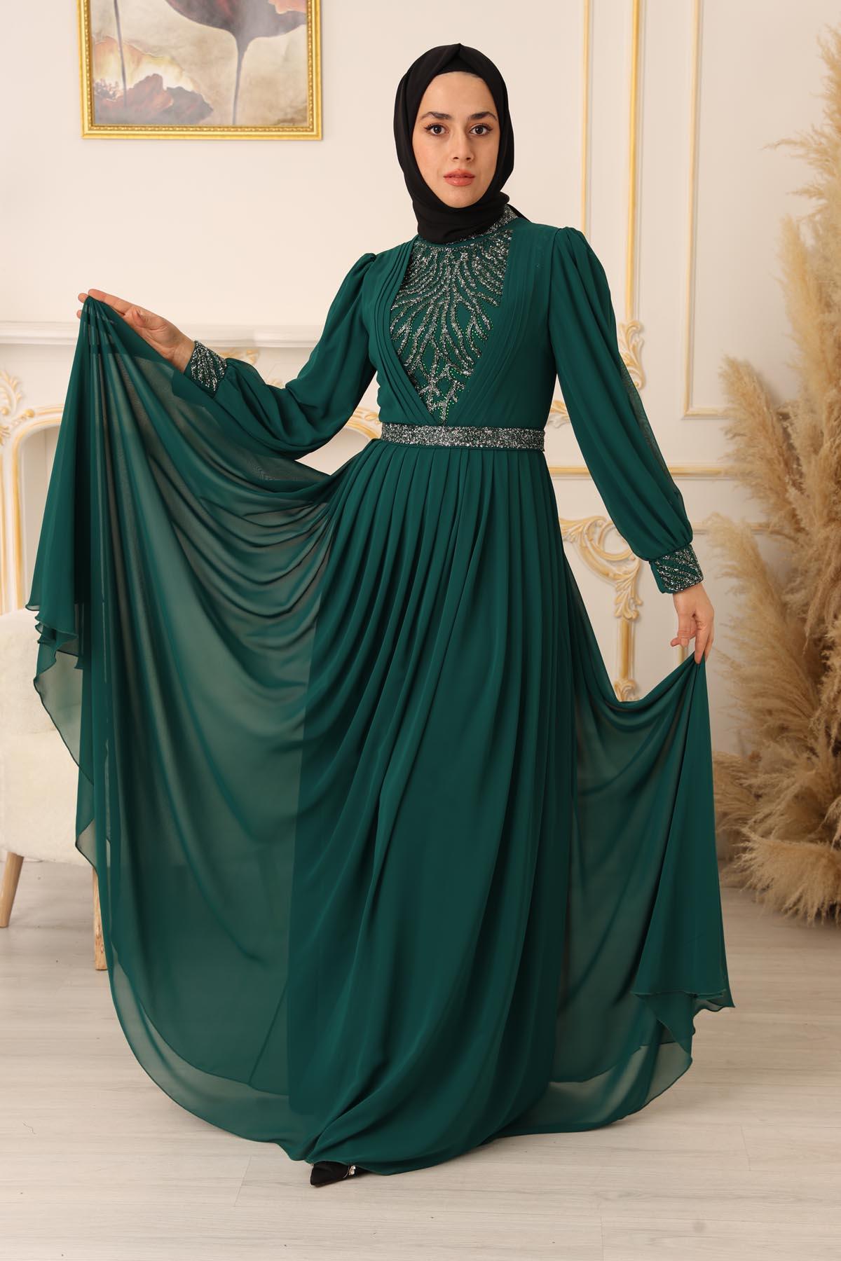 TAŞ VE PLİSE DETAYLI ŞİFON TESETTÜR ABİYE  (17925) ZÜMRÜT-42